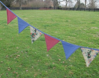 Gender Reveal: Pink and blue bunting, pennants, flags - pink, blue and rose print fabrics for birthdays or gender reveal baby shower decor