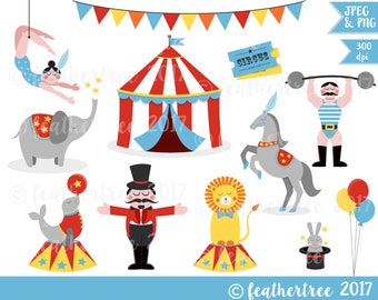 Circus Digital Clipart - Big Top, Trapeze, Strongman, Lion, Seal, Elephant etc - 300 dpi JPEG and PNG files - Instant Download