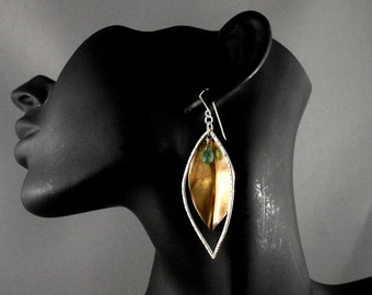 Boho earrings. Gold leaf earrings (brass). Mixed metal earrings. Long dangle earrings..