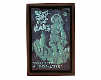 Framed Ceramic Art Tile Plaque, DEVIL GIRL From MARS, Hand Painted & Glazed Turquoise, 1950s Sci Fi Movie, 11 x 7 Wall Art