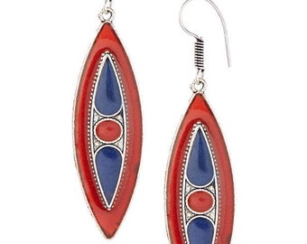 Ethnic jewelry,Lapis Coral enamel Earrings, Nepal Jewelry,Vintage Antique Earrings,Tibetan jewelry,Afghan Jewelry by Taneesi AE0623R