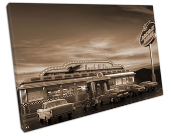 Sepia vintage Retro Roadside cafe American Landmark Ready to Hang Canvas X2361
