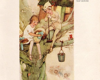 Vintage Art Print by Mabel Lucie Attwell c1920s "Spring-Cleaning the Tree-Top House" Book Plate