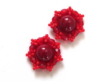 Small stud earrings Tiny earrings Red stud earrings Red small earrings Soutache earring Red post earrings studs red clip on earrings