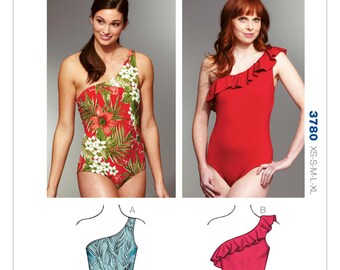 Sewing Pattern for Misses' One-Shoulder Swimsuits, Kwik Sew Pattern 3780, Swimwear, Swim Suits, Womens Bathing Suits