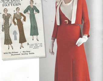 Womens 1930s Afternoon Dresses and Jacket Cowl Neckline Simplicity Sewing Pattern 8247 Size 6 8 10 12 14 Bust 30 1/2 to 36 UnCut