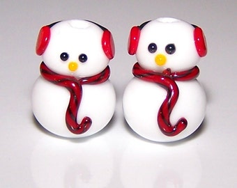 Handmade Lampwork Glass Bead Earmuff Snowmen Friends by Cara