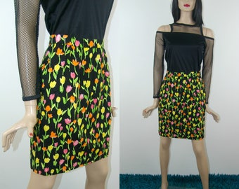 Neon flower print mini skirt, size 38, 1980's vintage women's clothing, high waisted mom pencil skirt
