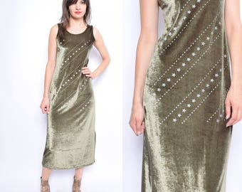 Vintage 90's Star Print Velvet Maxi Dress / Olive Green velvet Sleeveless Dress - Size Medium
