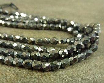 Hematite Czech Glass Firepolish Beads 4mm Faceted Glass 50pc Silver Metallic