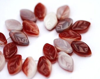 Red and white Czech glass leaf beads, red and white pressed leaves - 12x7mm - 25Pc - 0273