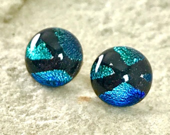 Dichroic Glass Earrings Sterling Silver Post Fittings with Silver Butterfly Backs Sparkling Iridescent Colours - Round 10mm -Gift Box