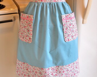Old Fashioned Vintage Style Half Apron in Teal with Floral Trim