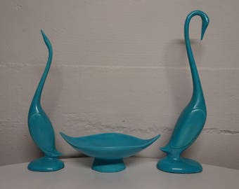 Vintage Abstracted Blue Ceramic Swans and Dish Set, Mid Century Ceramics, FREE SHIPPING