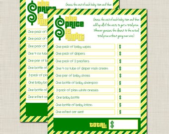 Green and Yellow Price is Right Baby Shower Game