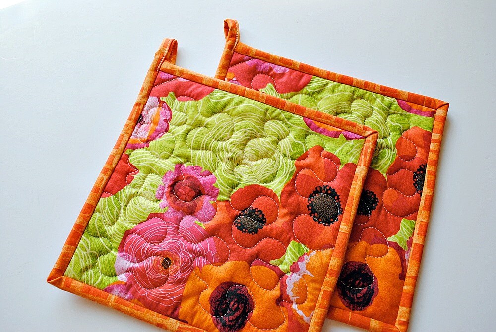 Quilted Potholders Handmade Potholders Floral Potholders