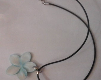 Pale Blue Dyed Mother of Pearl Pendant on Rubber Cord