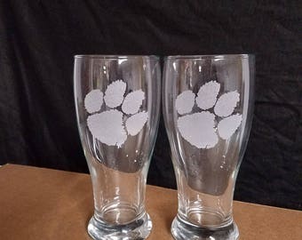 2 etched beer pilsner drinking glasses, Clemson Tigers