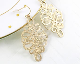 Matte Gold Swirly Drop Earrings ,Gold Filigree Earrings, Chic Bohemian Earrings, Moroccan Earrings, Bridesmaid Gift - 2016