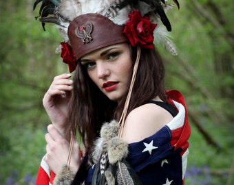 Tribal festival feather headdress, costume headpiece, feather and flower headband