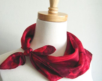 Hand Painted Square Silk Bandana Scarf in Deep Reds