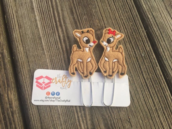 Rudolph & Clarice Reindeer Planner Clip/Paper Clip/Feltie Clip. Christmas planner clips. Your choice of design. Reindeer planner clip