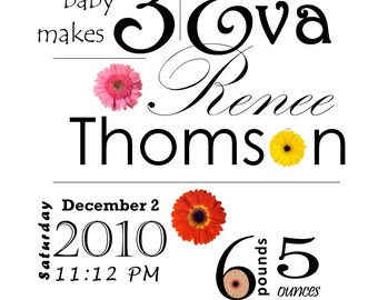 And baby makes 3 Baby girl birth announcement wall art/wall hanging