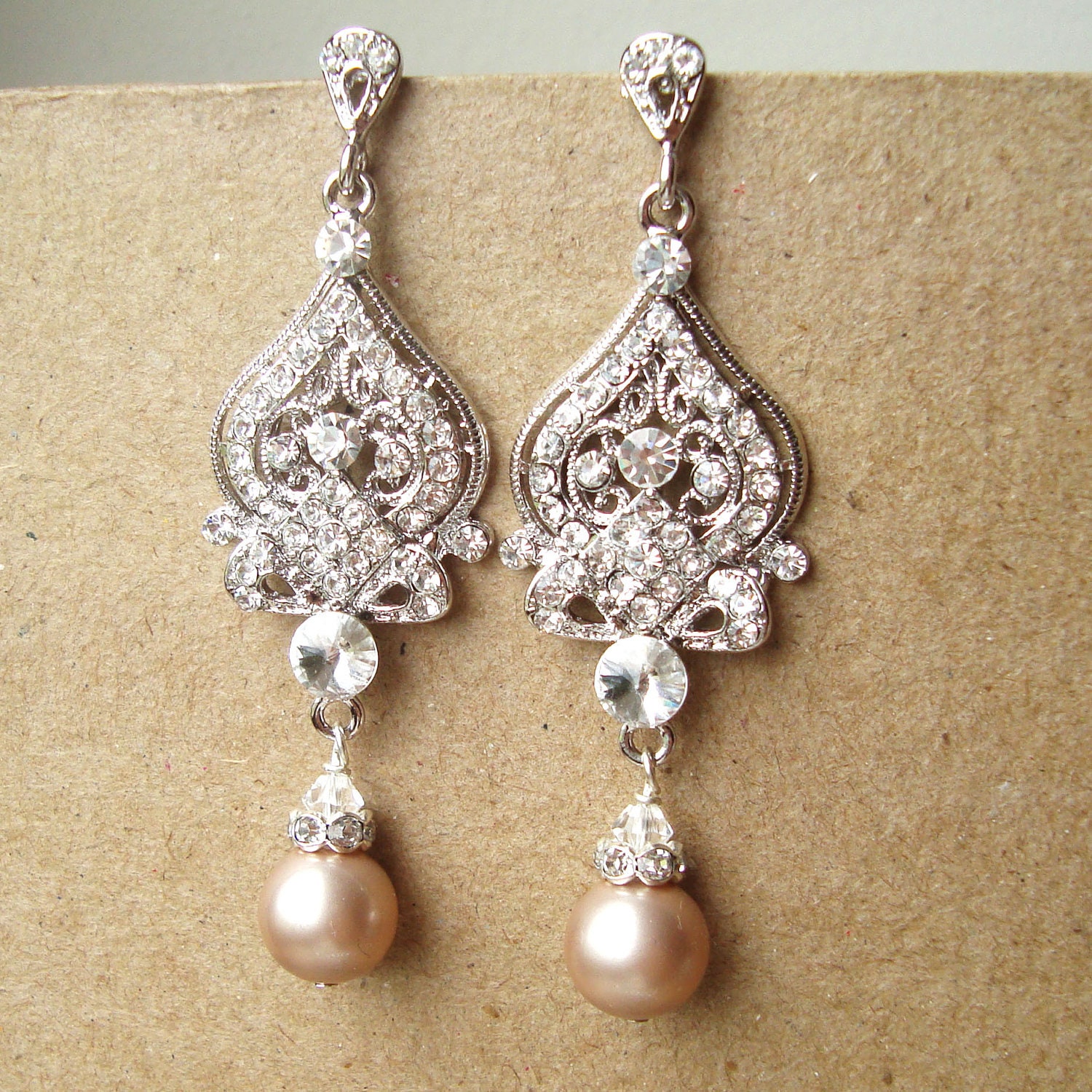 Champagne Wedding Earrings Pearl Wedding Jewelry Silver