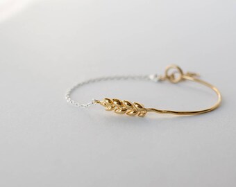 Silver and gold cuff, wheat bangle, nature inspired hand cuff bracelet Branch bracelet Gold twig Boho bride Herbal wedding Plant sister gift