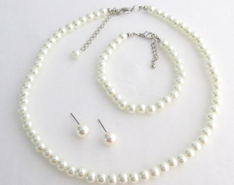 ivory pearl set,pearl necklace,pearl bracelet,ivory glass pearl,bridesmaid gifts Flower Girl Jewelry Wedding Set Free Shipping In USA