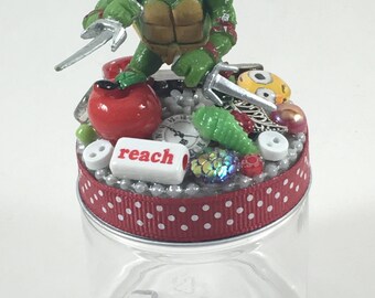 Assemblage Art Trinket Party Favor Jar -- Teenage Mutant Ninja Turtle Raphael