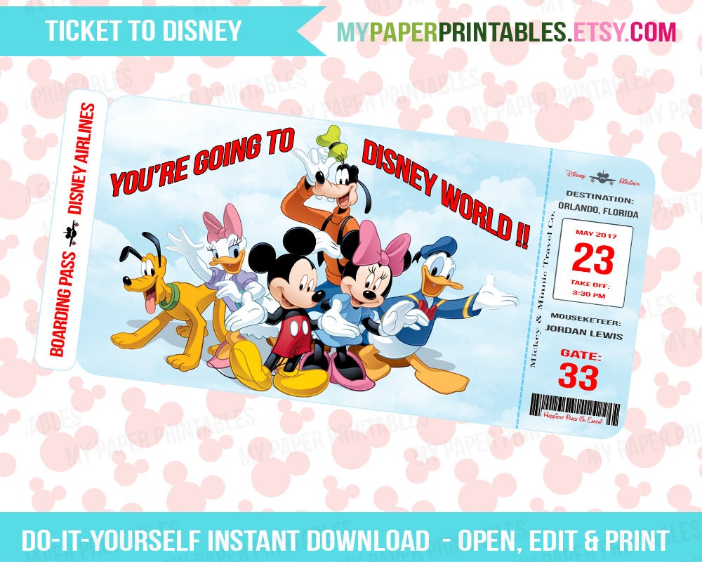 printable ticket to disney diy personalize instant download