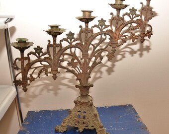 Large Antique Brass Candelabra Altar Candle Holder Church Candleholder Gothic Cathedral Victorian floral metal Huge Heavy 1900