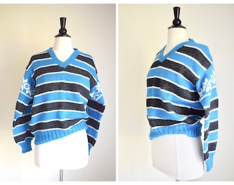 Vintage Striped V Neck Sweater / Wool Jumper