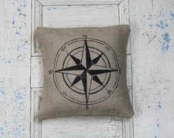 Compass Pillow, Burlap Pillow, Rustic Decor, Decorative Pillow