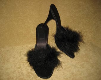 Satin Mules Polly of California Marabou 6 1/2 60s Vintage