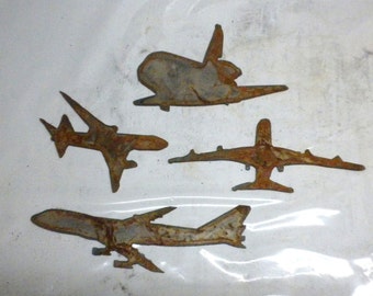 Lot Set of 4 Airplane Shapes 3 inch Rusty Vintage Antique-y Metal Steel Wall Art Ornament Craft Stencil