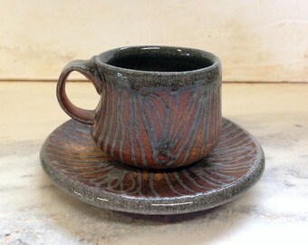 Woodfired Blue Glaze Trailed Small Teacup and Saucer