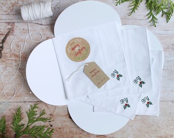 4 Monogram LUXURY Handkerchiefs in Gift Box, Christmas Monogram Hankies, Personalised Christmas Hankies, Men's Cotton Hankies, Holly Hankies