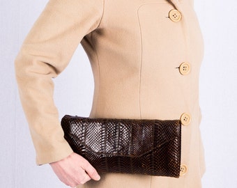 Vintage clutch - leather bag snake - 60s handbag purse - women's - Brown - evening bags - ladies bags - nightlife - 60 design