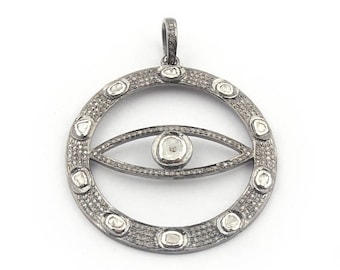 April Sale 1 PC Pave Diamond Evil Eye With Rose Cut Diamond Round Pendant - 925 Sterling Silver 48mmx44mm PD1455