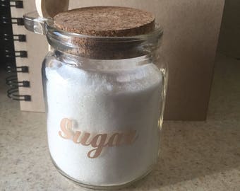 Glass jar w/cork lid & wooden spoon