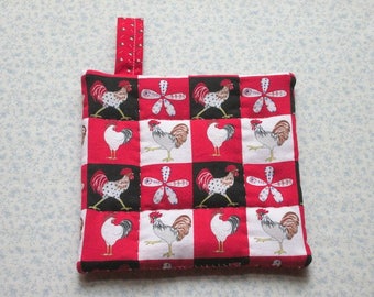 red chicken and roosters hand quilted potholder hot pad with loop to hang