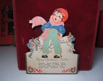 Adorable 1920's die cut Rust Craft Christmas card to mother Designed by Newton-Manley little boy and birds singing