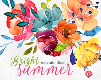 Watercolor flowers clip art hand painted floral png / bright summer aquarelle florals leaves branches wedding clipart Free Commercial Use