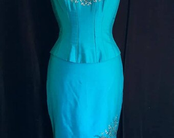 BEAUTIFUL strapless BLUE and turquoise silk pencil skirt