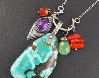 Turquoise Charm Necklace, amethyst, carnelian, chrysophrase, coral, sterling silver, michele grady, charm necklace, turquoise jewelry, boho