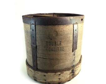 Large French Wood Grain Measuring Cup, Antique Wooden Bucket, Double Decaliter, Primitive Storage Basket