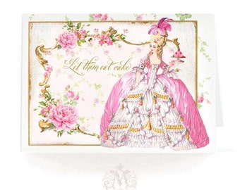 Marie Antoinette card, let them eat cake, birthday card, card for her, pink roses, macarons, all occasion card