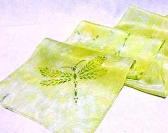 Hand-dyed Silk Scarf, Silk Scarf, Ice Dyed Silk Scarf, Dragonfly Scarf, Chartreuse Scarf, Dragonflies, Dragonfly (SS-15-19)